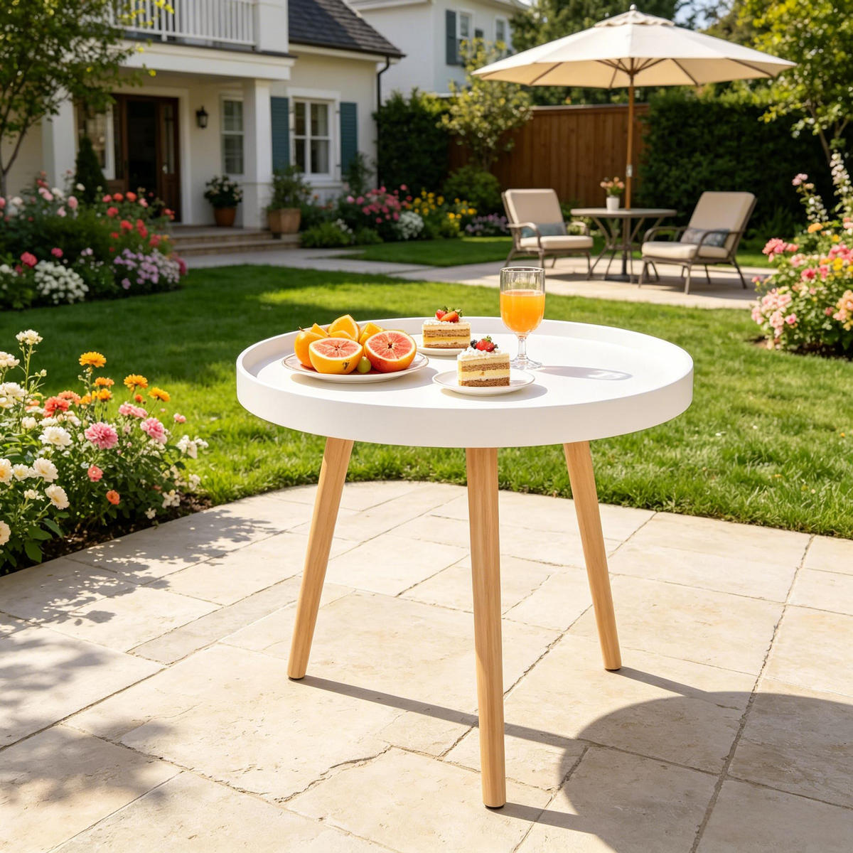 COUCHTISCH DE-37245 rund mit erhöhtem Rand Weiß/Eiche - Weiß, Holzwerkstoff (50/50/44cm) - ComfortXL