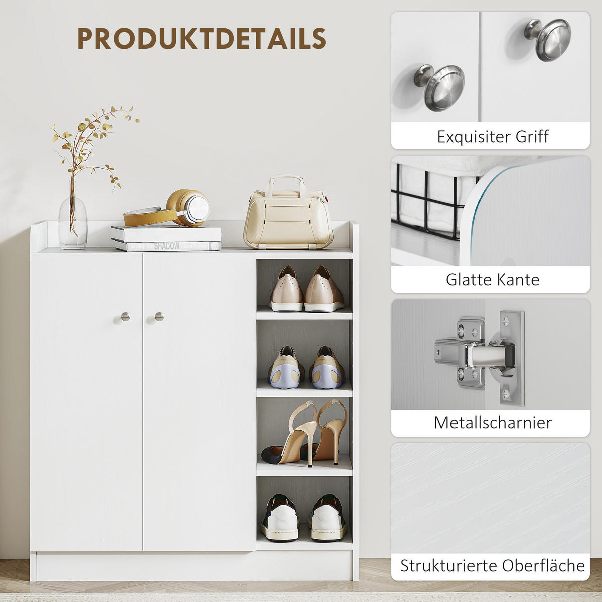 SCHUHSCHRANK DE-09674 4 Regale, 1 Schrank Weiß - Weiß, Holzwerkstoff (83/90/30cm) - ComfortXL