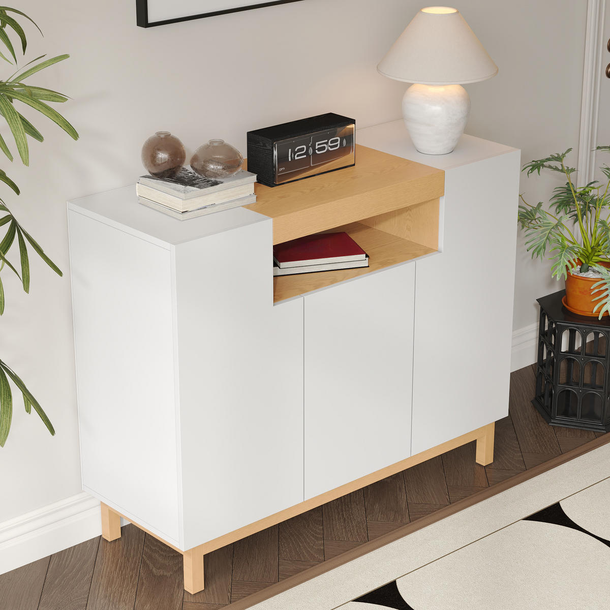 SIDEBOARD 3 Türen Wohn Esszimmer Multifunktional Stauraum - Weiß, Holzwerkstoff (42/96/120.5cm) - FLIEKS