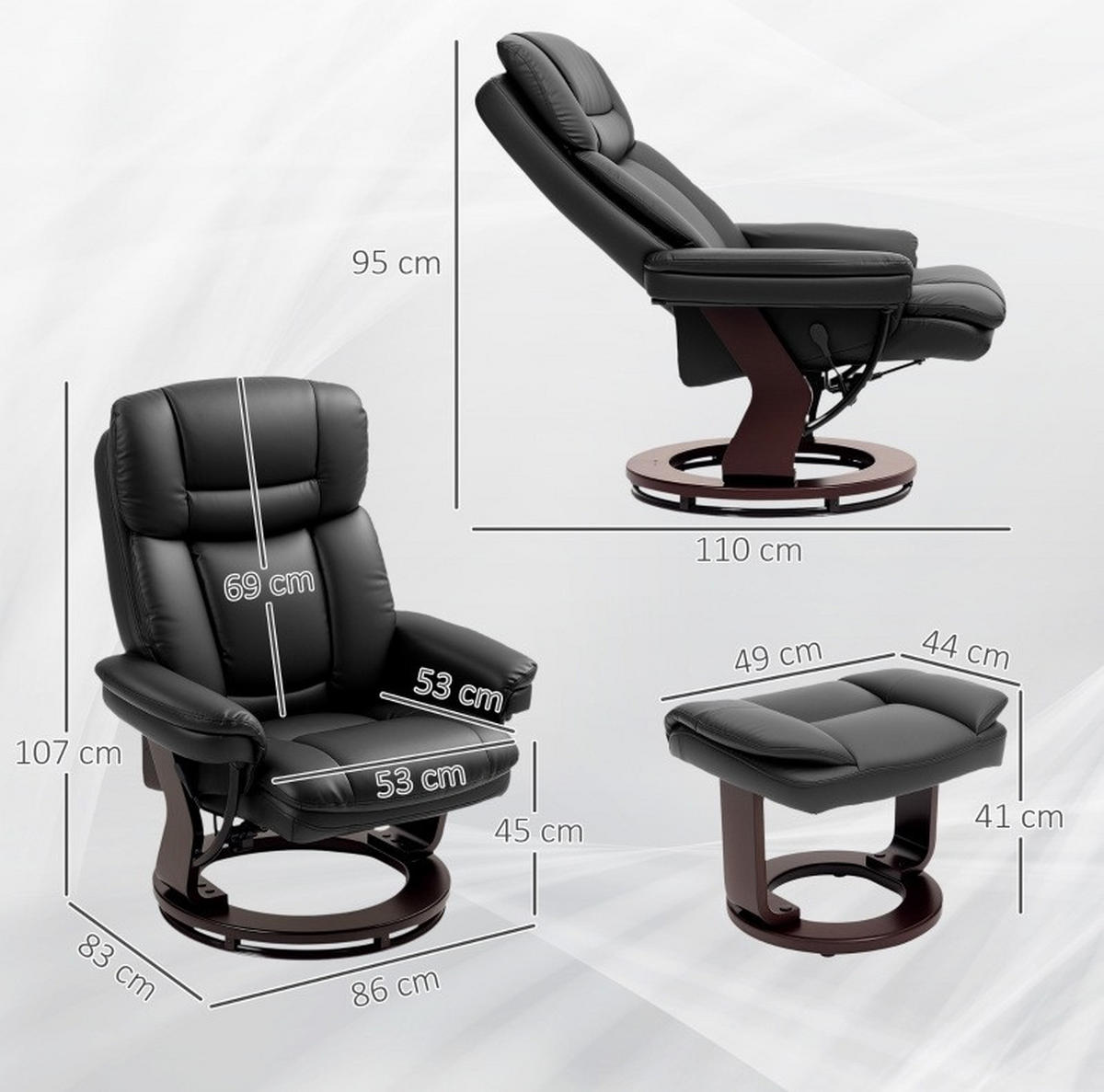 RELAXSESSEL 86/107/83 cm Schwarz aus Kunstleder mit Hocker - Schwarz, Kunststoff (83/107/86cm) - OKMYHOME