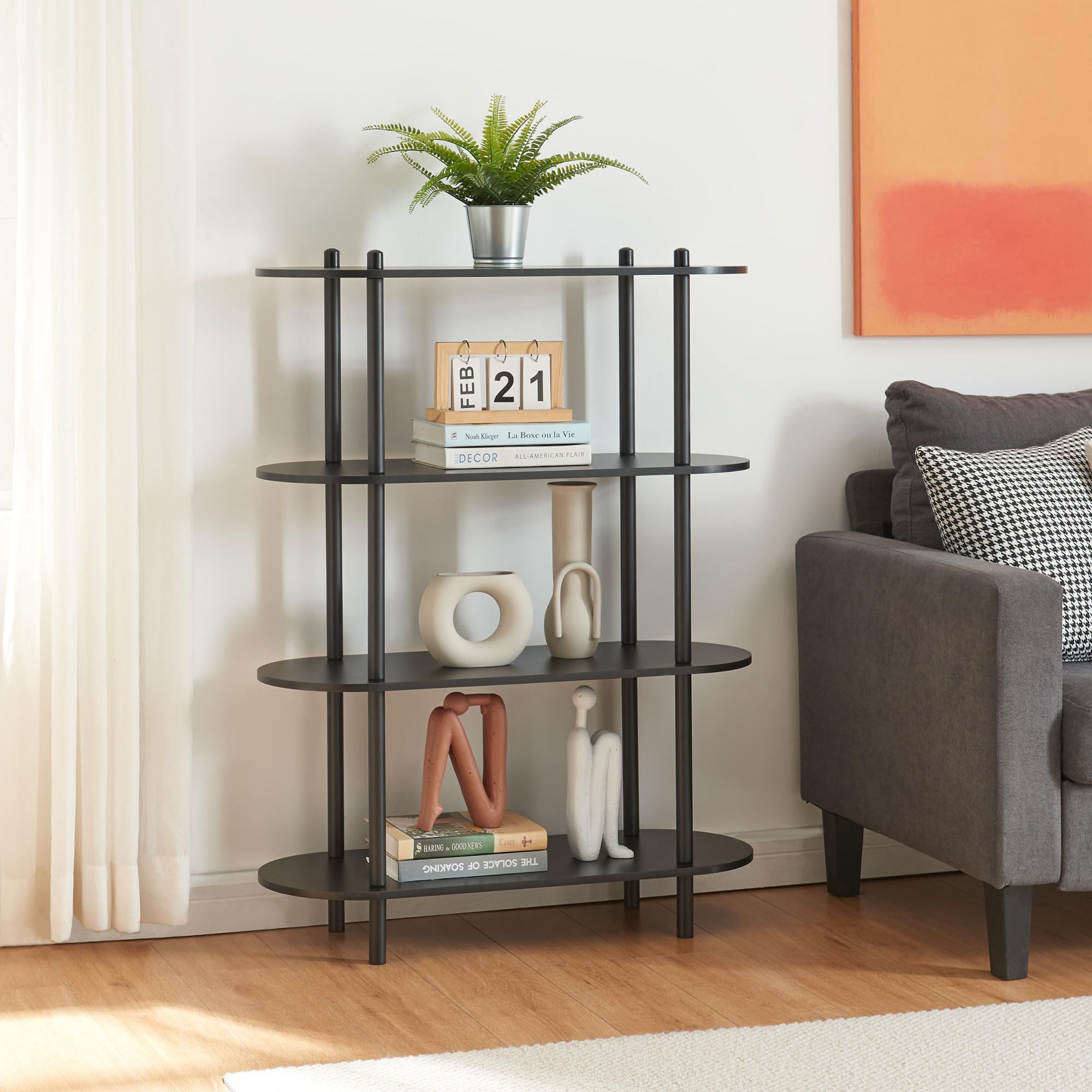 Thumbnail - [en.casa] Bücherregal, Schwarz, Metall, Holzwerkstoff, 4 Fächer, 80x108x30 cm, Wohnzimmer, Regale, Bücherregale