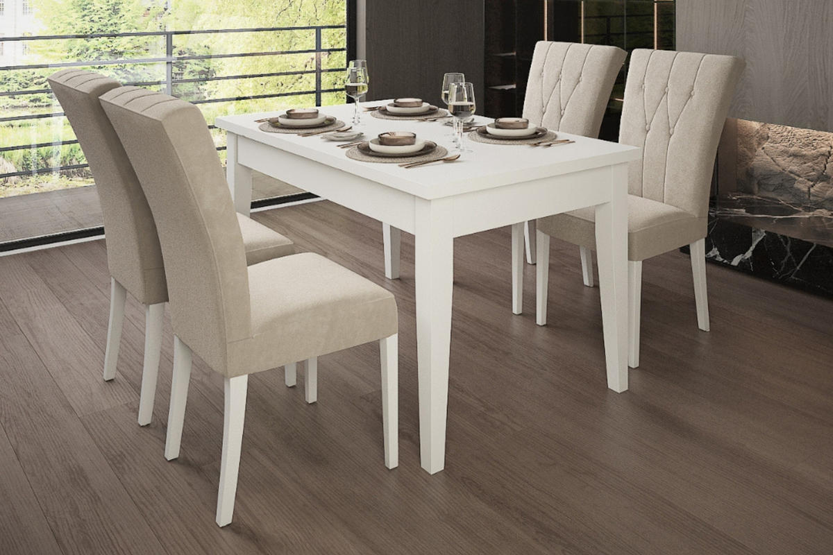 TISCHGRUPPE DAKOTA 140/80 cm in Weiß mit 6 Stühlen in Beige - Beige/Weiß, Holz/Holzwerkstoff (80/77/140cm) - Deine Möbel 24
