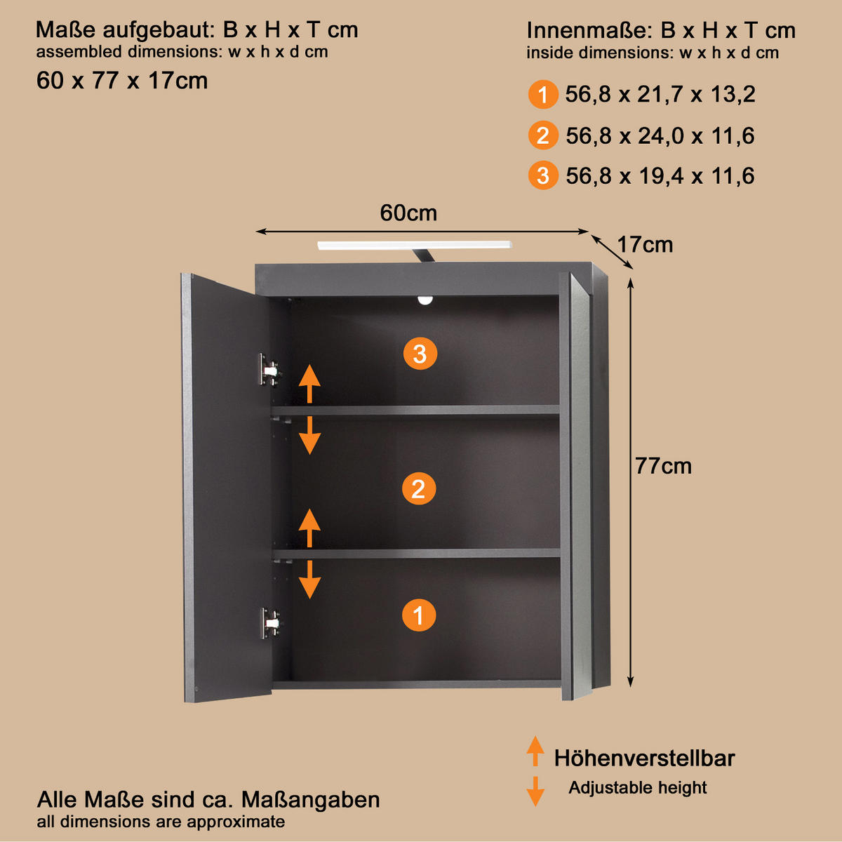 SPIEGELSCHRANK grau Hochglanz 60 x 77 cm 2-türig, inklusive Beleuchtung - Grau, Glas/Holzwerkstoff (60/77/17cm) - Top.Furn