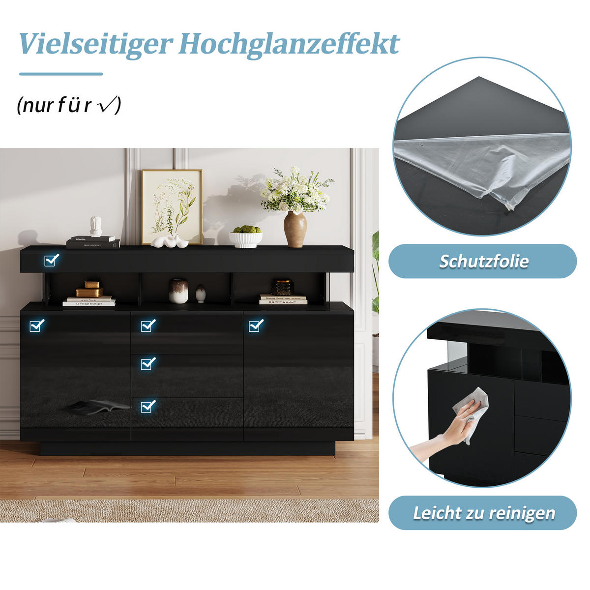 SIDEBOARD LED Schwarz Hochglanz Acryl 140x35x80cm Kaffeebar - Schwarz, Holzwerkstoff (35/80/140cm) - FLIEKS