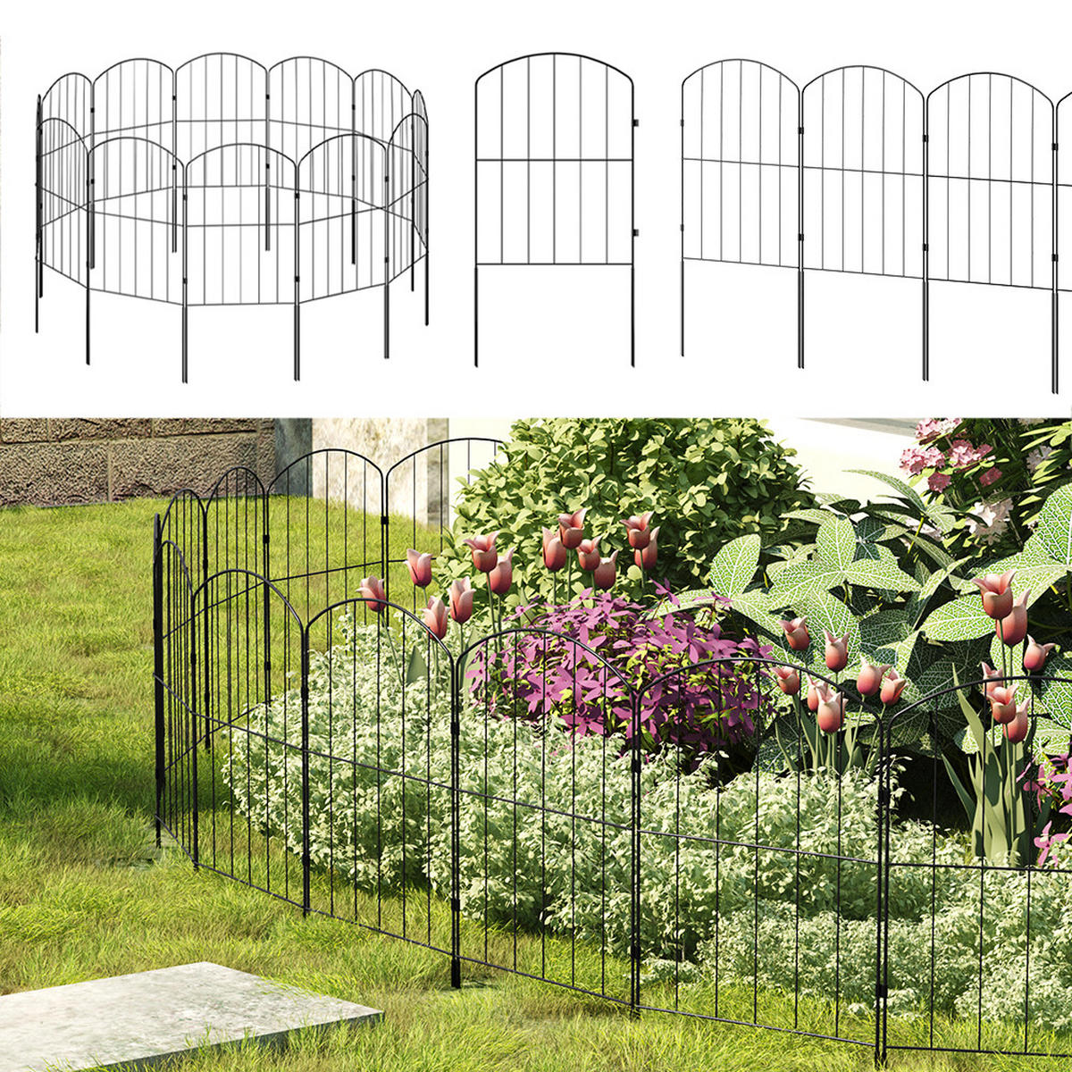 GARTENZAUN 25Stück aus Metall in Schwarz Abnehmbares Design Robuste Metallkonstruktion je Paneel: 31 cm B × 61 cm H - Schwarz, Metall (31cm) - Livingandhome