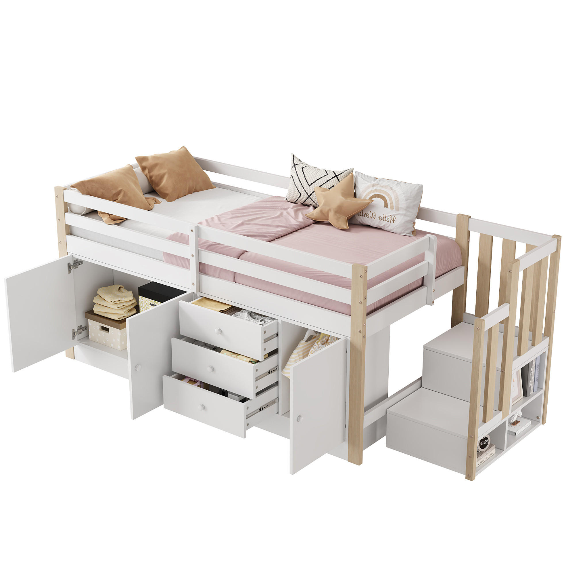 KINDERHOCHBETT 90/200 cm mit Treppe, Schubladen, 2 Schränken und Kleiderstange aus MDF, Weiß - Weiß, Holzwerkstoff (90/200cm) - Redom