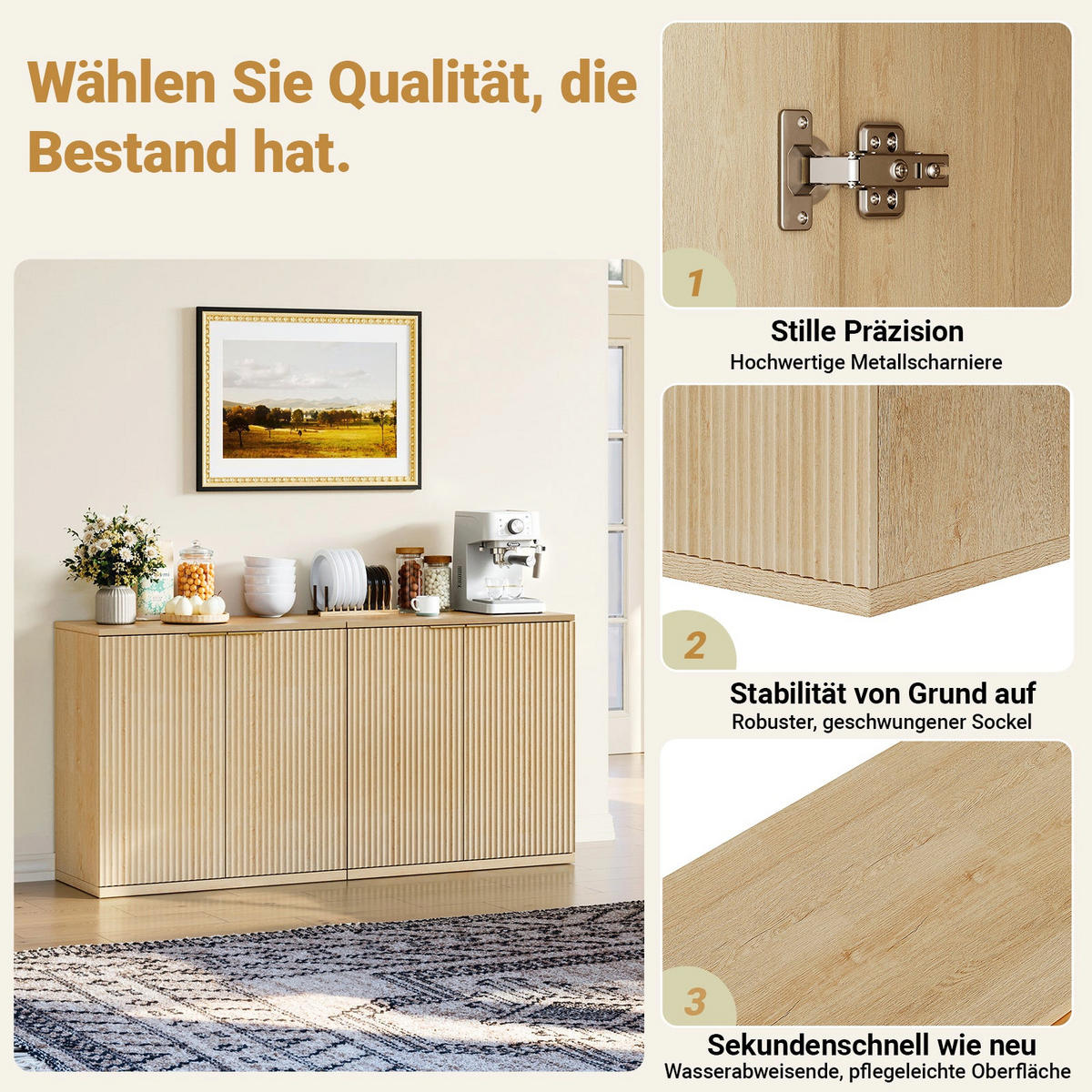 SIDEBOARD in Heller Holzoptik mit Geriffelter Front, Beige - Beige, Holzwerkstoff (40/80cm) - Urban Meuble