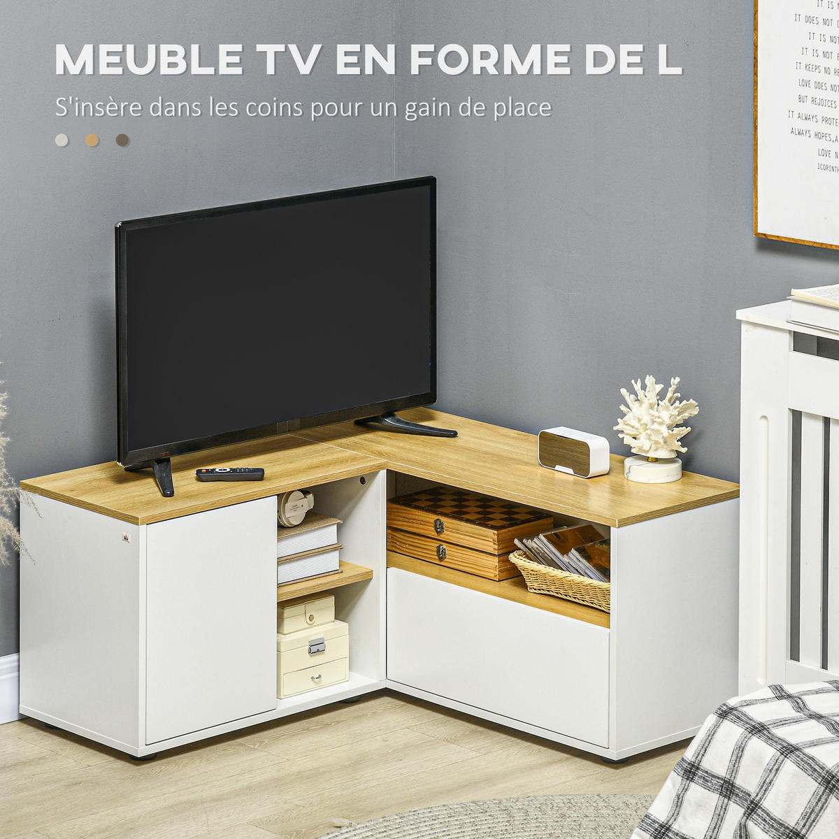 ECK-TV-LOWBOARD Hellbraun/Weiß 90/90/45 cm, Eckdesign, 2 Türen, 3 offene Fächer - Weiß, Holzwerkstoff (90/45/90cm) - PANGIVO