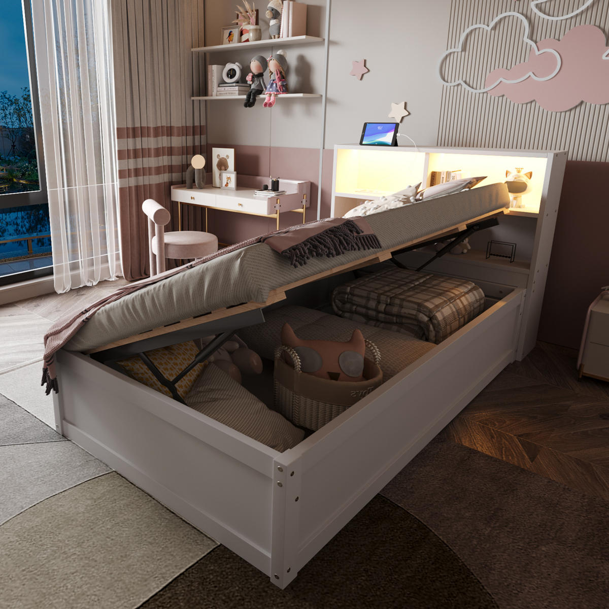 BETT 90/200 cm aus Holz mit Steckdose und LED-Lichtleiste, Weiß - Weiß, Holz (90/200cm) - OKMYHOME