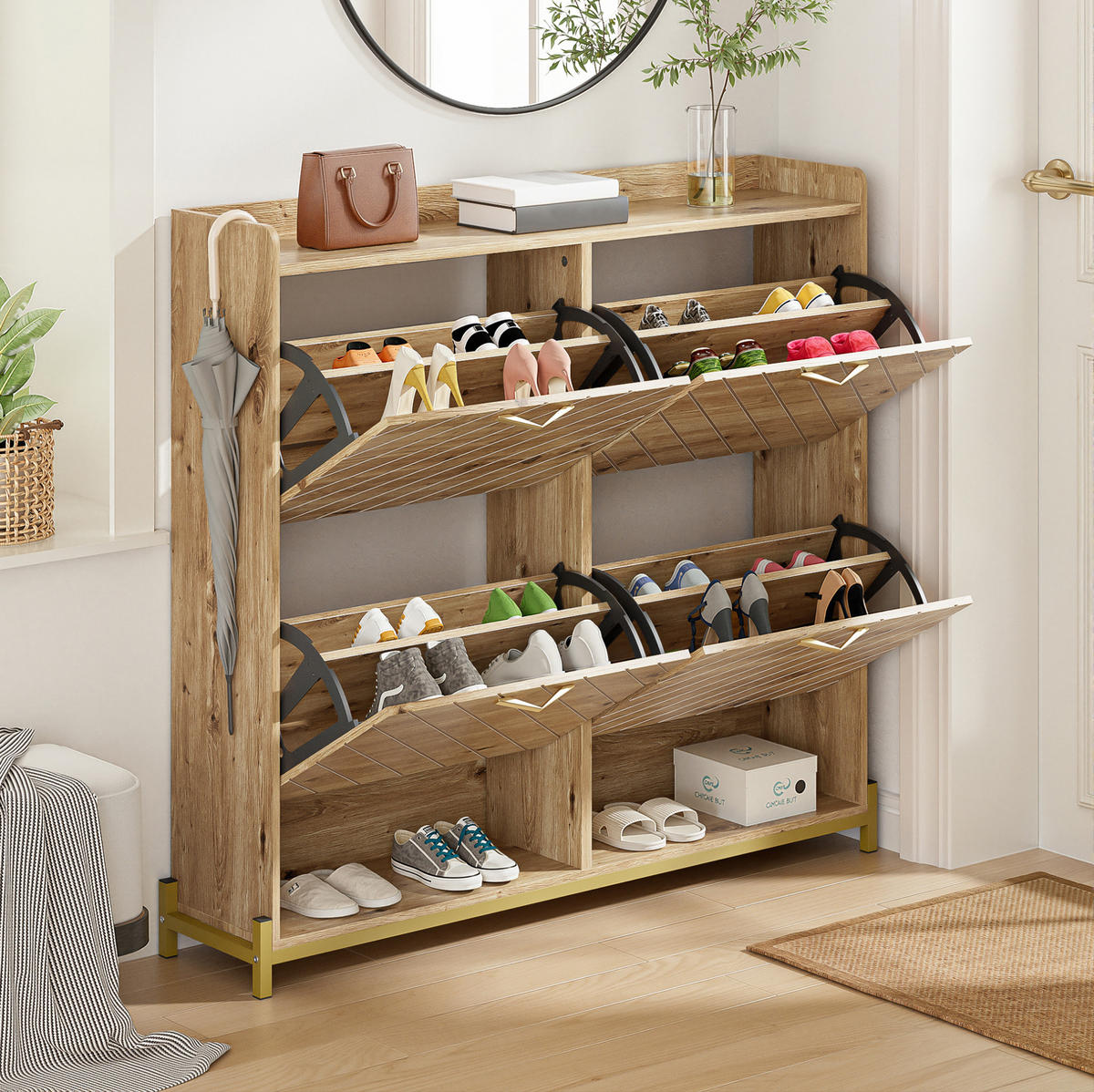 SCHUHSCHRANK 108,5/24/100 cm in Holzoptik mit 4 Türen und Metallfüßen - Naturfarben, Holzwerkstoff (108.5/100/24cm) - Flora Grace
