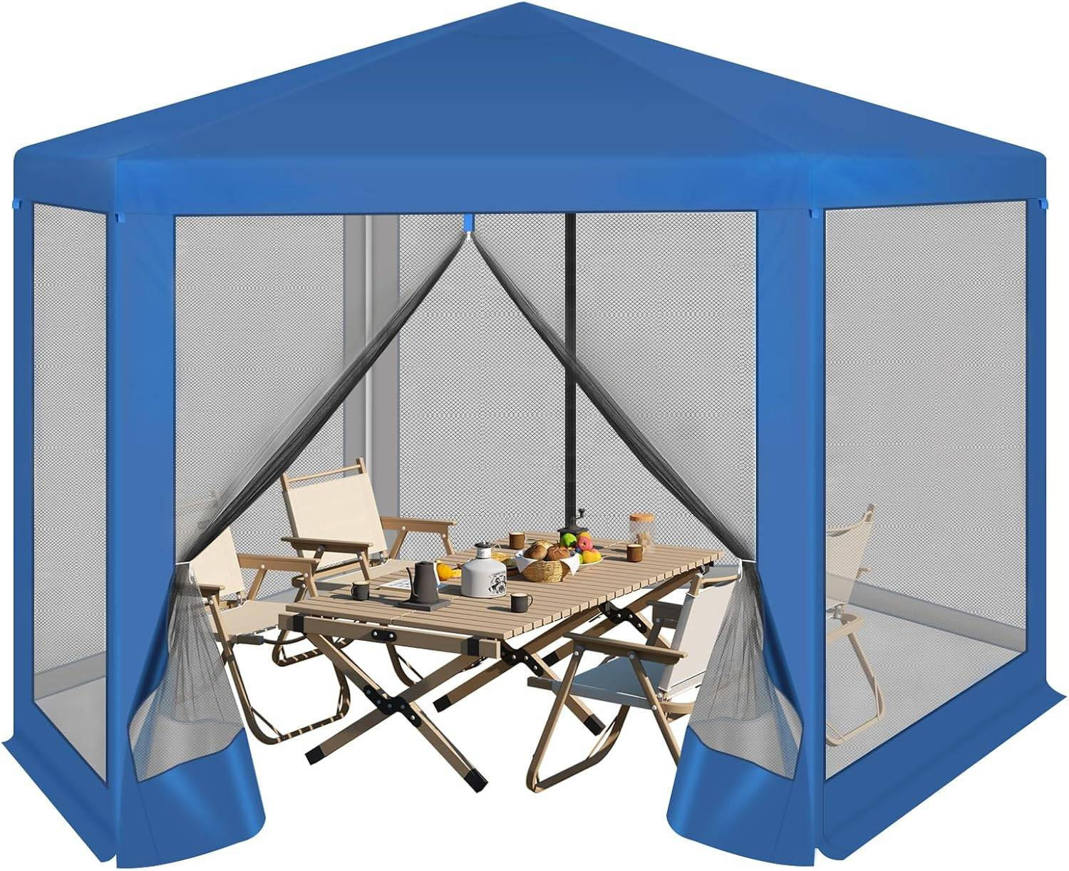 PAVILLON 3,8x3,3 m seckeckig, Gartenpavillon mit Seitenwänden Moskitonetz - Blau, Metall (380/250/330cm) - Woltu