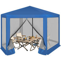 PAVILLON 3,8x3,3 m seckeckig, Gartenpavillon mit Seitenwänden Moskitonetz - Blau, Metall (380/250/330cm) - Woltu