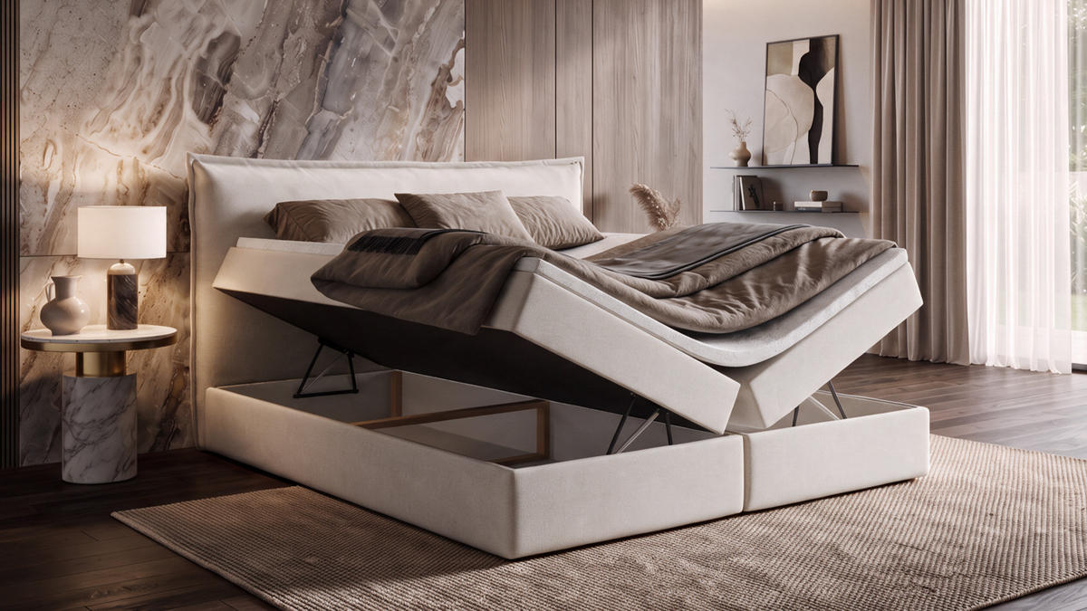 BOXBETT ARENO 200x200 cm Komplett-Set mit Bettkasten, Bonell-Matratze H3 und Topper - Creme - Creme, Textil (200/200cm) - Luxkor24