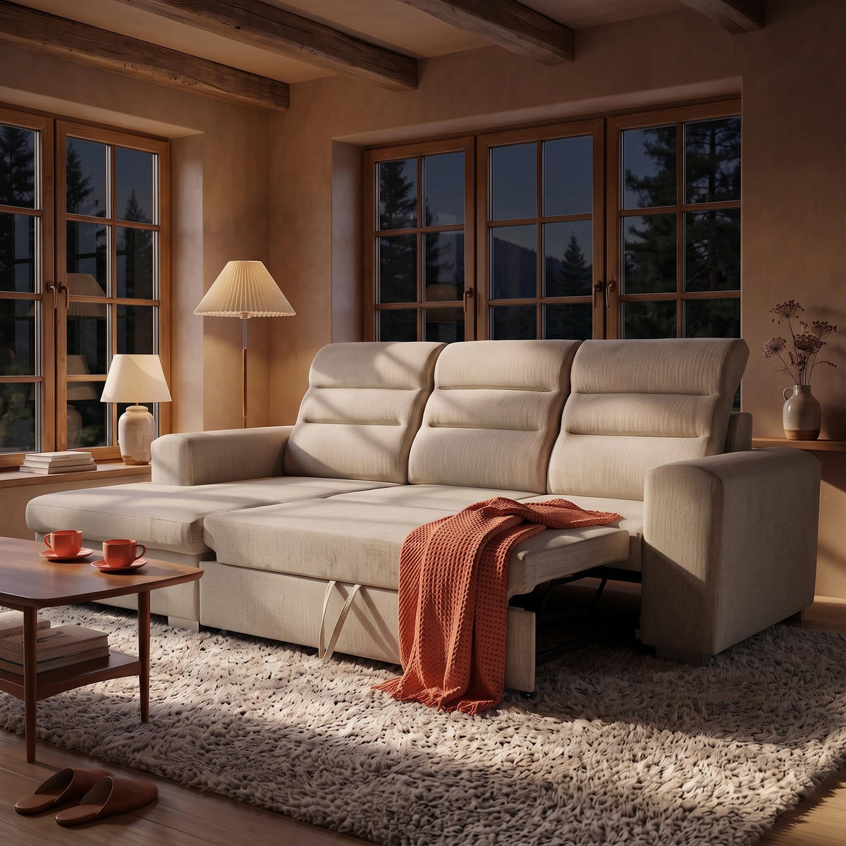 ECKSOFA CLOUD S Links mit Schlaffunktion 120x200 Velours Creme - Chromfarben/Creme, Holz/Kunststoff (155/260cm) - Muffo