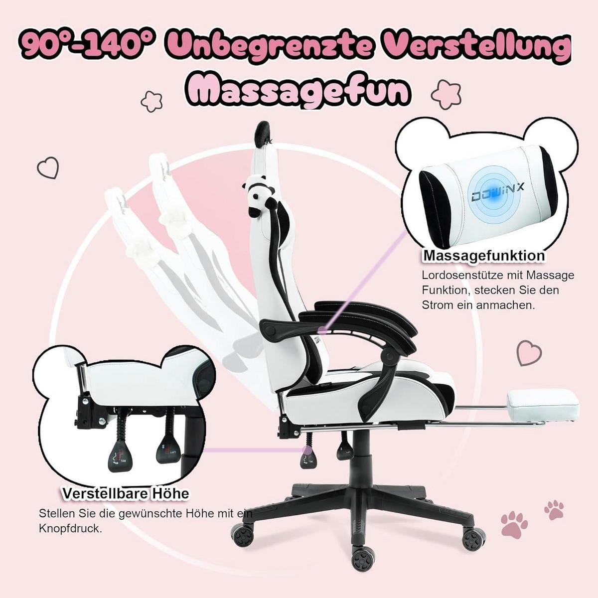 GAMING-STUHL Panda Edition mit Fußstütze und Lendenwirbelstütze - Schwarz, Kunststoff (57/135/76cm)
