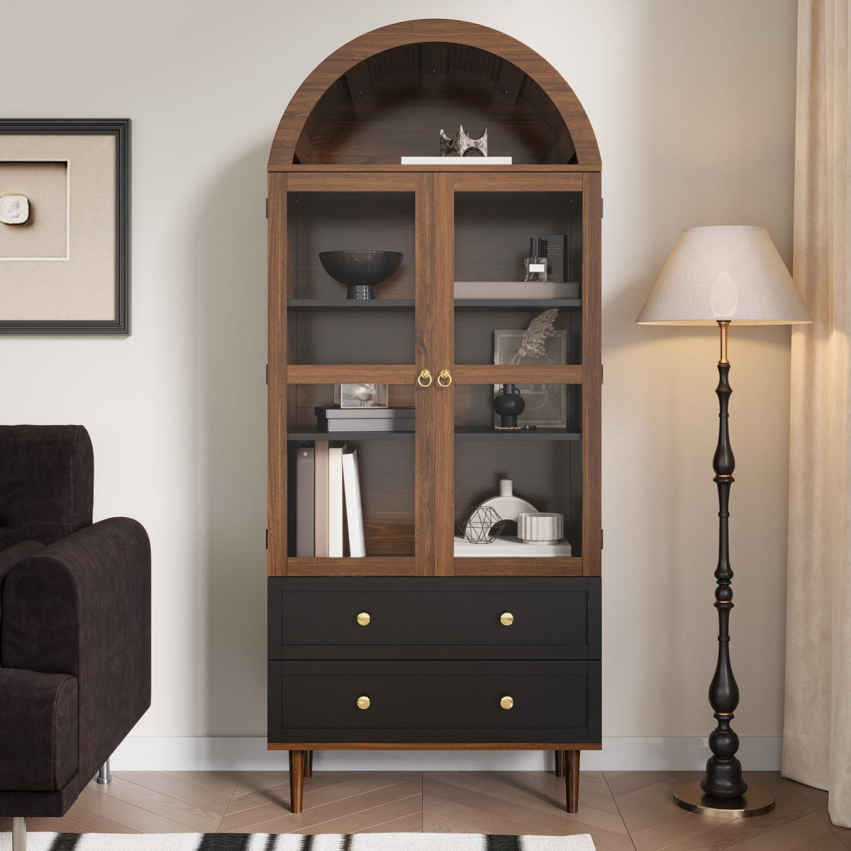 KOMMODE Retro Glas verstellbar Sideboard modern Aufbewahrung - Walnussfarben, Holzwerkstoff (70/168/38cm) - FLIEKS