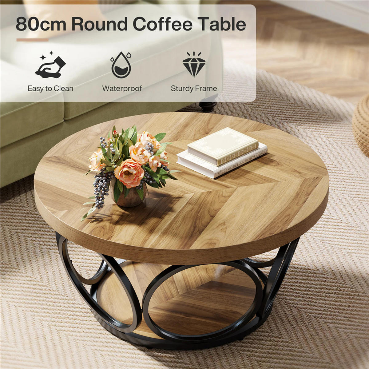 COUCHTISCH rund 80/80/42.5 cm 2 Ebenen Holz Stauraum modern - Hellbraun, Holz (80/80/42.5cm) - Kaket