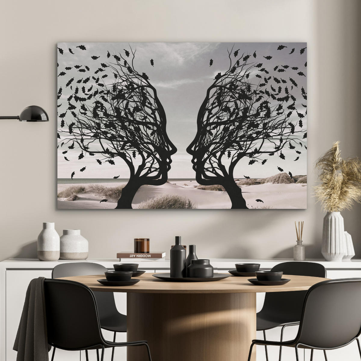 AKUSTIKBILD Strand - Meer - Menschen - Baum - Moderne Kunst Akustikpaneele 90x60 cm - Hellgrau, Kunststoff (90/60/0.9cm) - MuchoWow