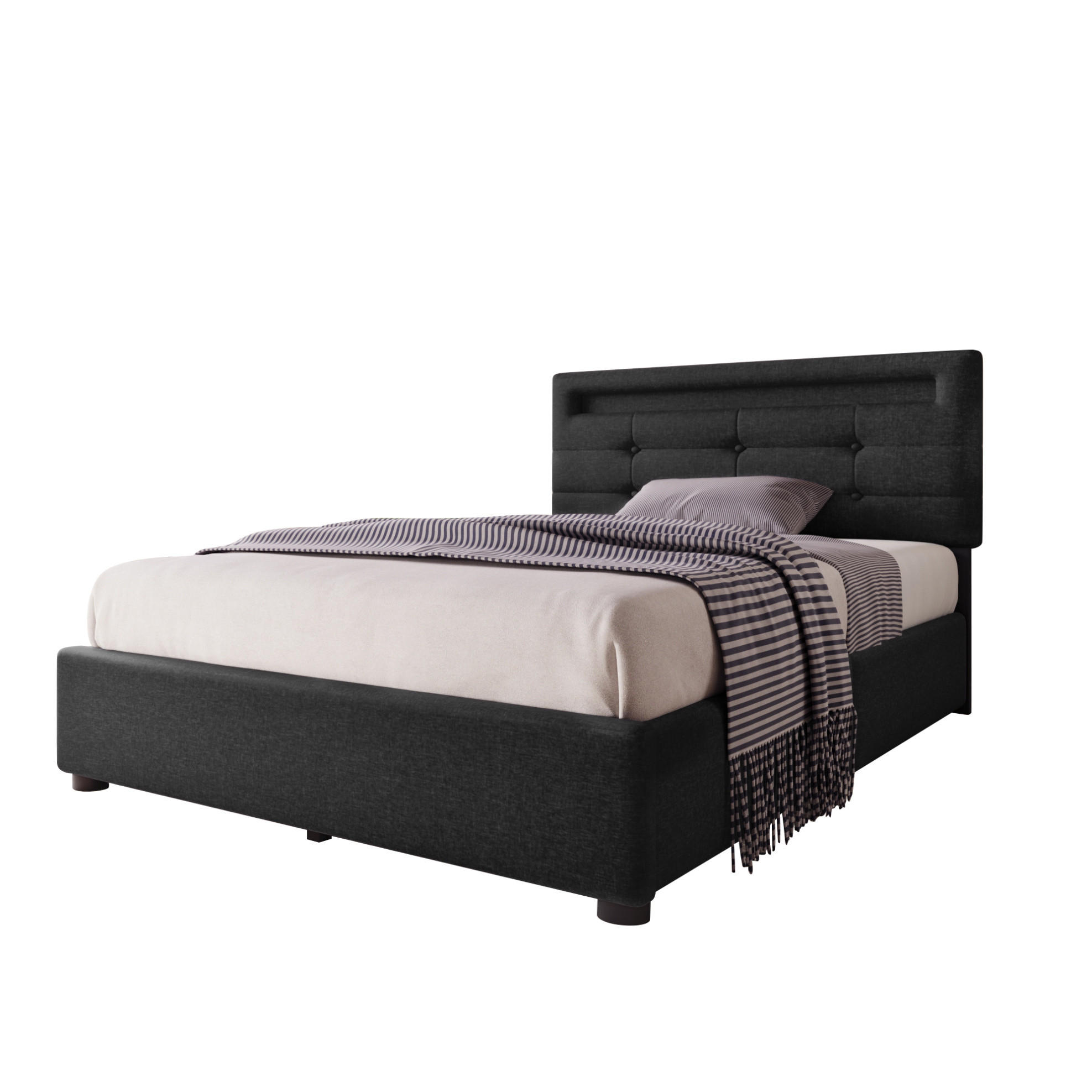 POLSTERBETT 90/200 cm Schwarz aus Leinen mit LED-Beleuchtung und 2 Schubladen - Schwarz, Textil (90/200cm) - OKMYHOME