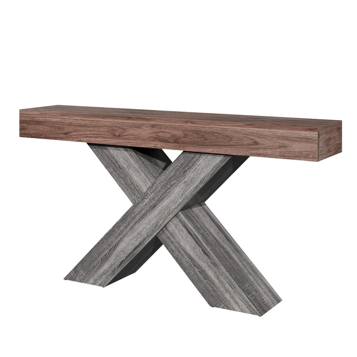 KONSOLENTISCH in Holzoptik Zweifarbige Beistelltisch mit X-förmigen Beinen für Flur/Wohn-, 140L/30B/80(cm) - Braun/Grau, Holzwerkstoff (30/140/80cm) - STILVORA