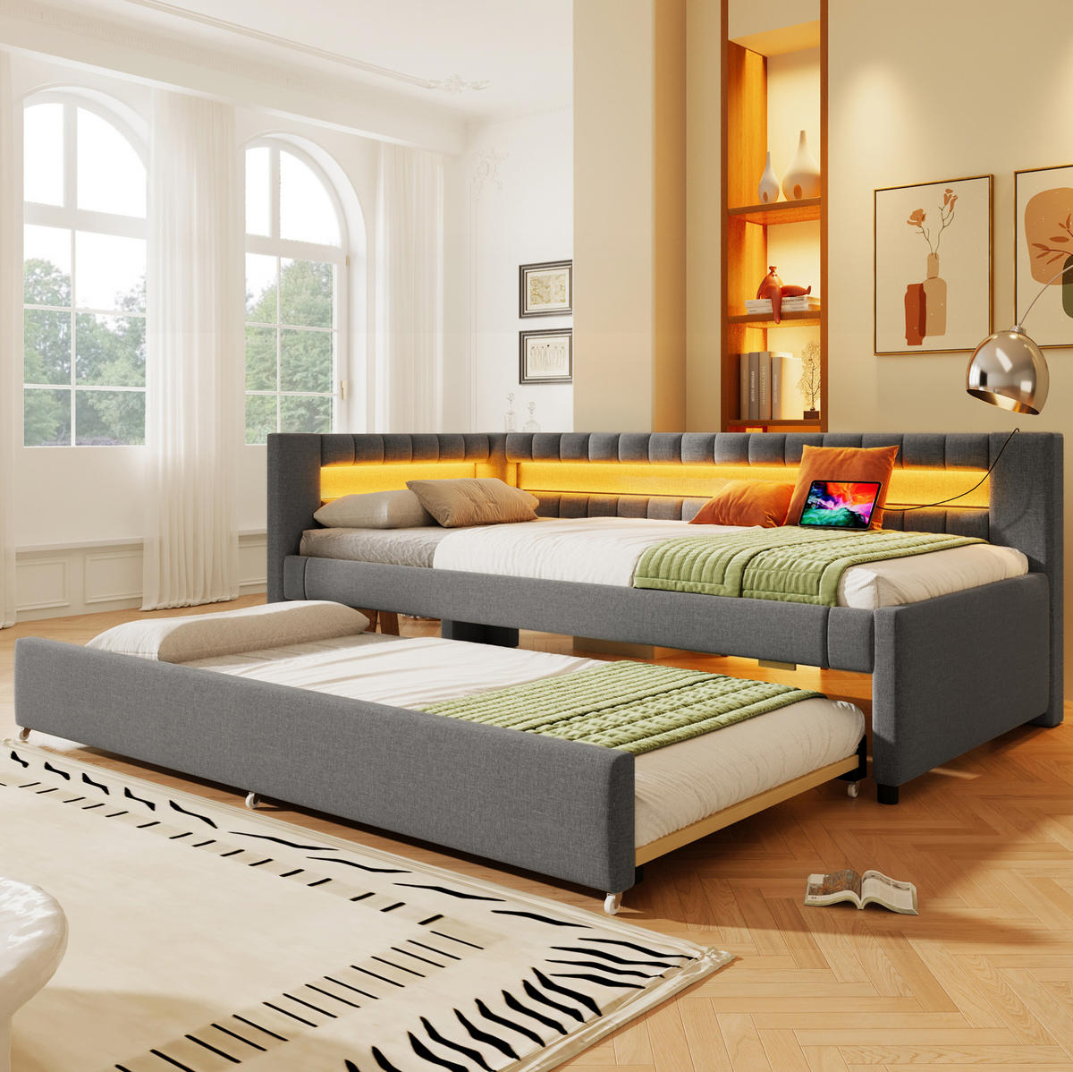POLSTERBETT aus Leinen 90x200 cm in Grau mit LED & Ausziehbett - Grau, Textil (90/200cm) - Modfu