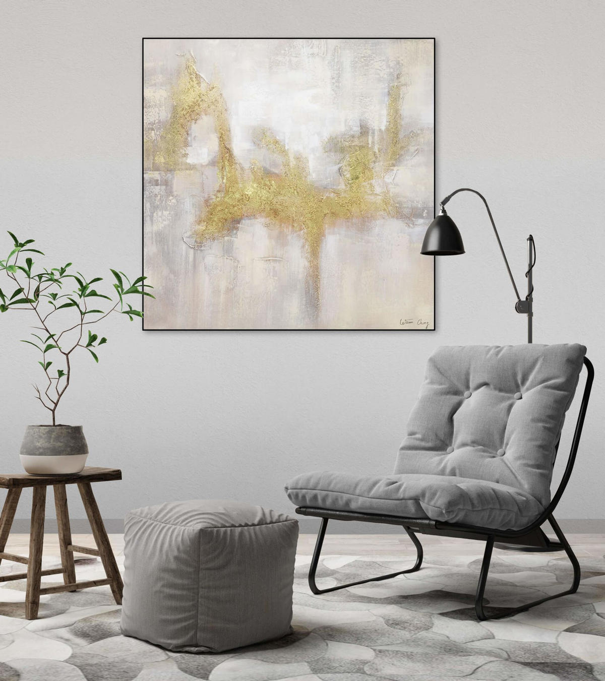 RUČNE MAĽOVANÝ AKRYLOVÝ OBRAZ 80/80 cm, sivý/zlatý, abstraktný geometrický motív - sivá/zlatá, drevo/textil (80/80cm) - KUNSTLOFT
