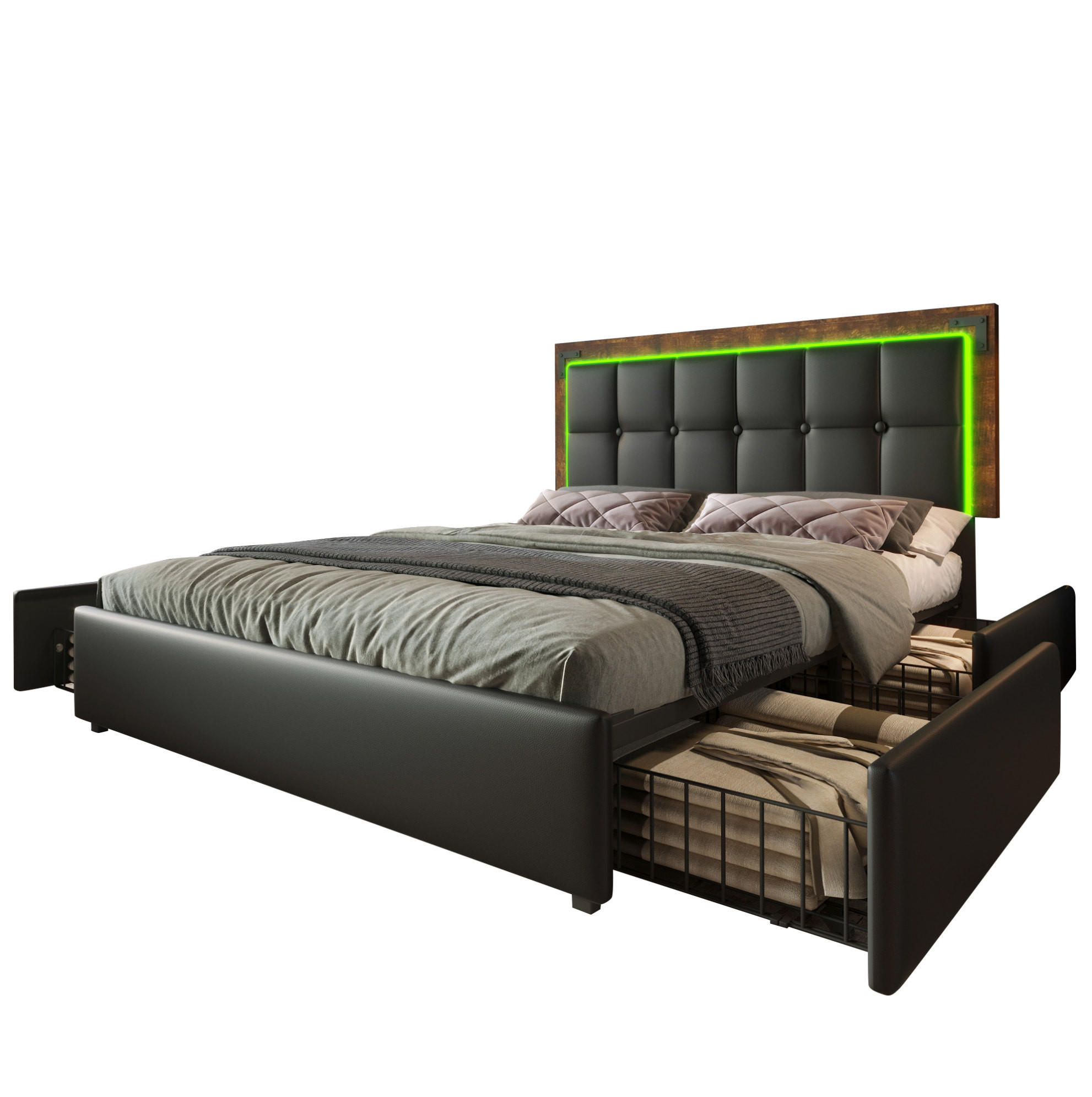 POLSTERBETT 160/200 cm Schwarz mit LED-Beleuchtung und verstellbarem Kopfteil - Schwarz, Kunststoff (160/200cm) - OKWISH