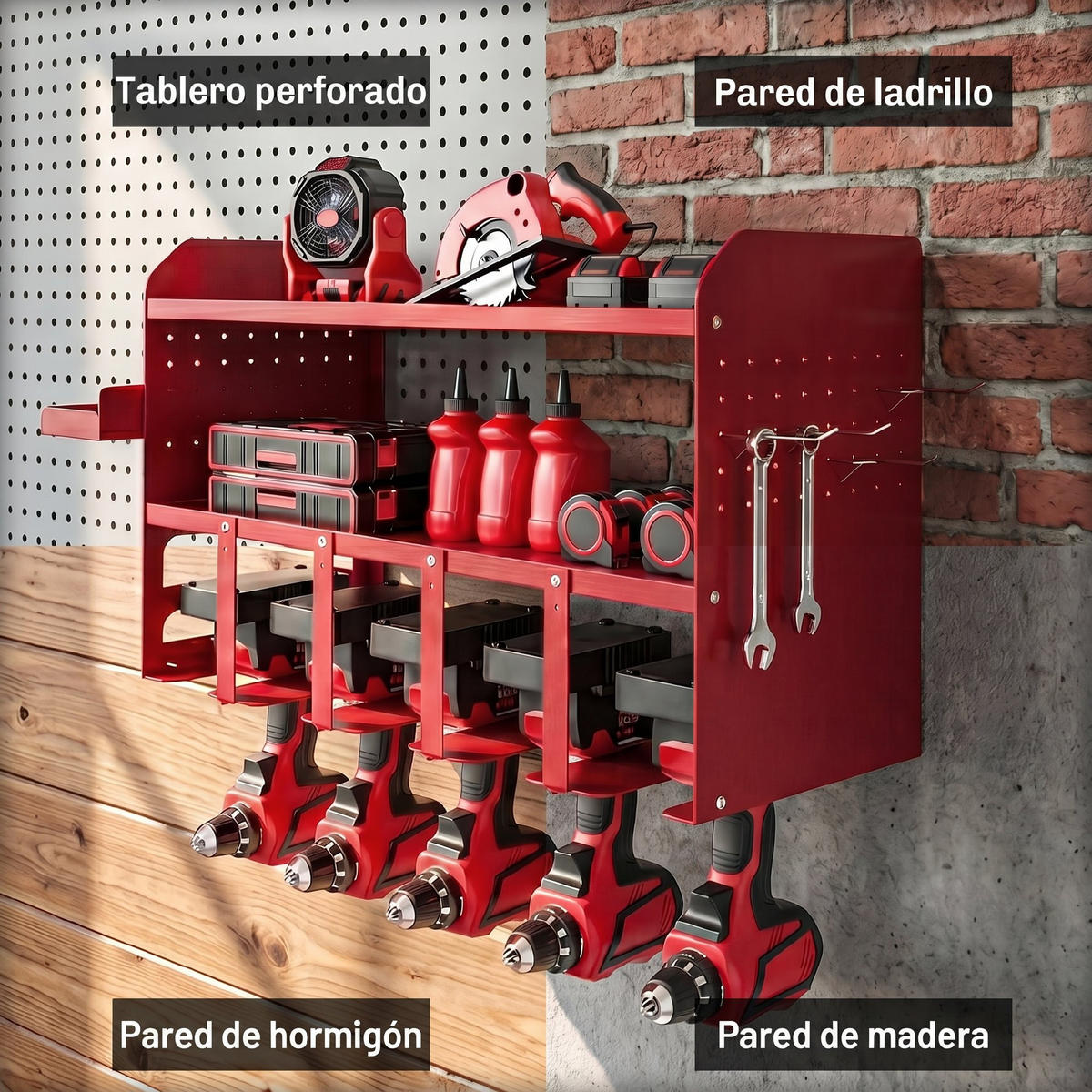 GARTENGERÄTE-ORGANIZER, 2-stöckiges Wandregal für Garage mit Ablagefläche und Haken, Aufbewahrungslösung - Multicolor, Kunststoff (23/32.7/61.8cm) - FORIOUS