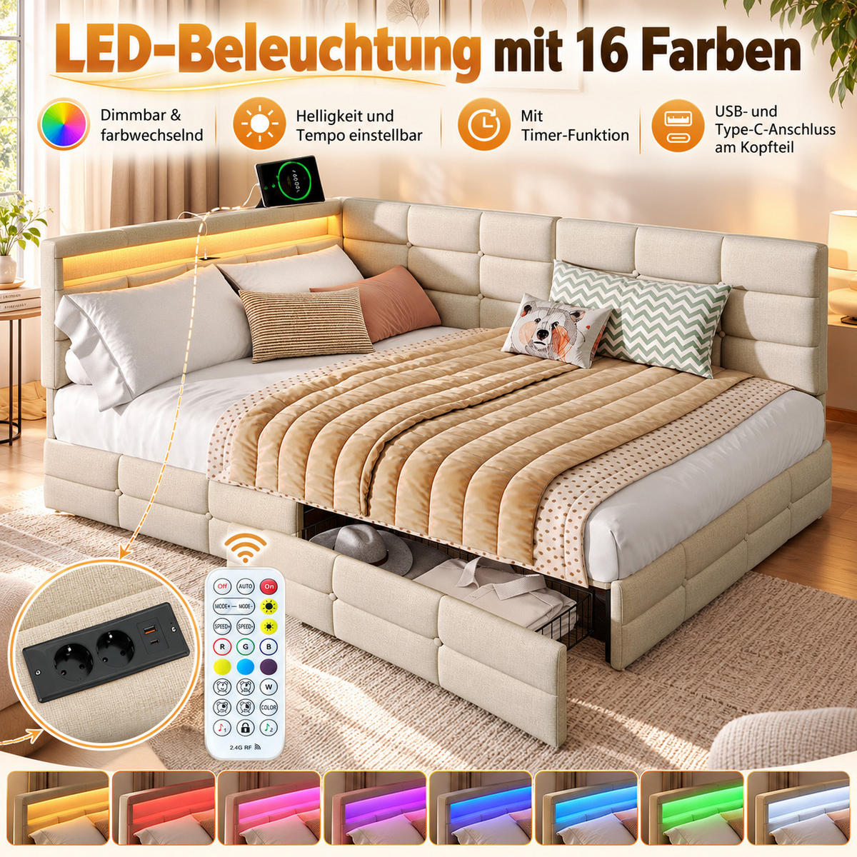 POLSTERBETT 140/190 cm, beiges Stoffbett mit LED-Kopfteil und Stauraum, modernes Einzel- und Jugendbett für Schlafzimmer - Beige, Holz/Metall (140/190cm) - Joyfair