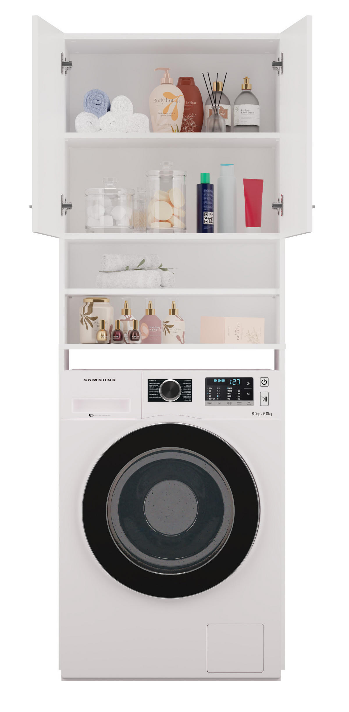 WASCHMASCHINENSCHRANK Überbau mit Regal und Türen - Weiß, Holzwerkstoff (64/180/30cm) - CDF