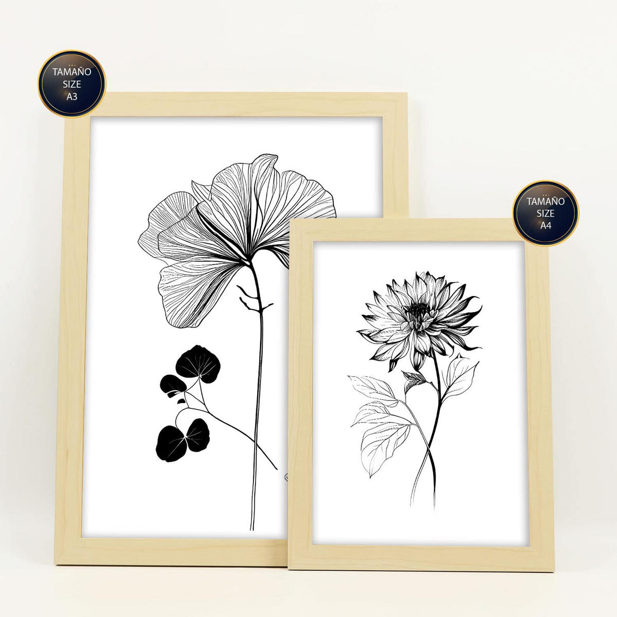 POSTER Set Mit 6 Belaubte Blumen Natur Und Botanikdrucke Mit Blumenmotiven In Klassischem Schwarz Und Weiß A3 & A4 Rahmen Aus Hellem Holz - Beige, Papier (29/3cm) - Nacnic
