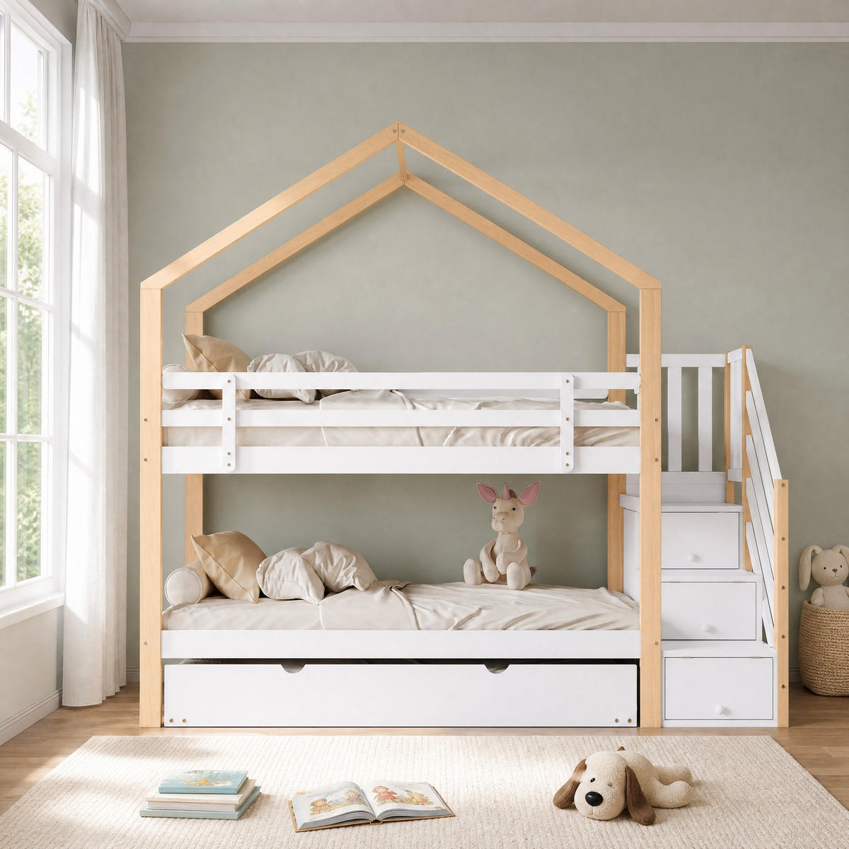 ETAGENBETT 90/200+90/190 mit Ausziehbett, Stauraumtreppe und Sicherheitsgeländer in Natur und Weiß - Naturfarben, Holz (90/200cm) - EVRYAE
