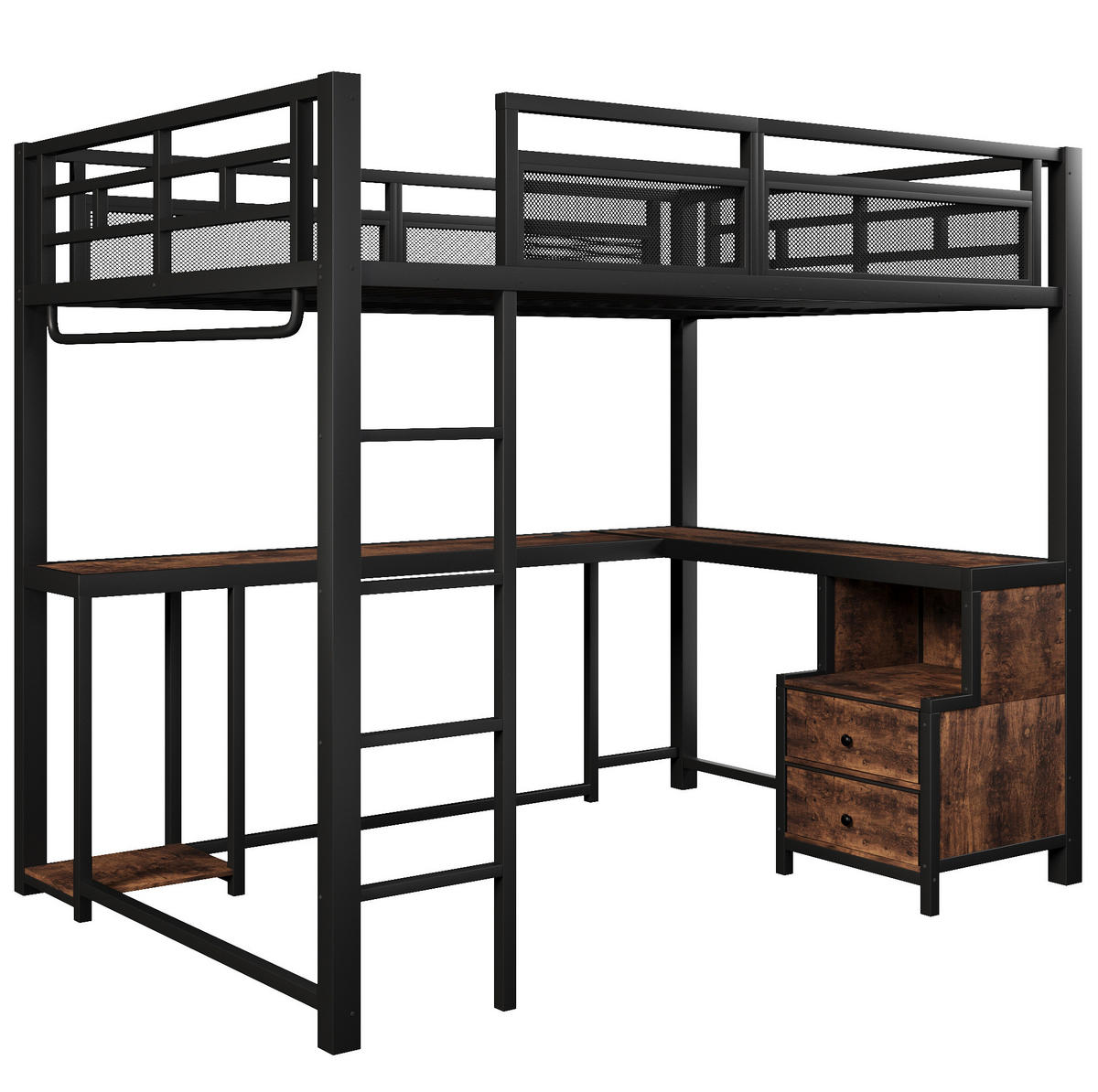 HOCHBETT 140x200 cm in Schwarz mit Schreibtisch, LED-Beleuchtung und USB-Ladestation - Schwarz, Metall (140/200cm) - IVMEU