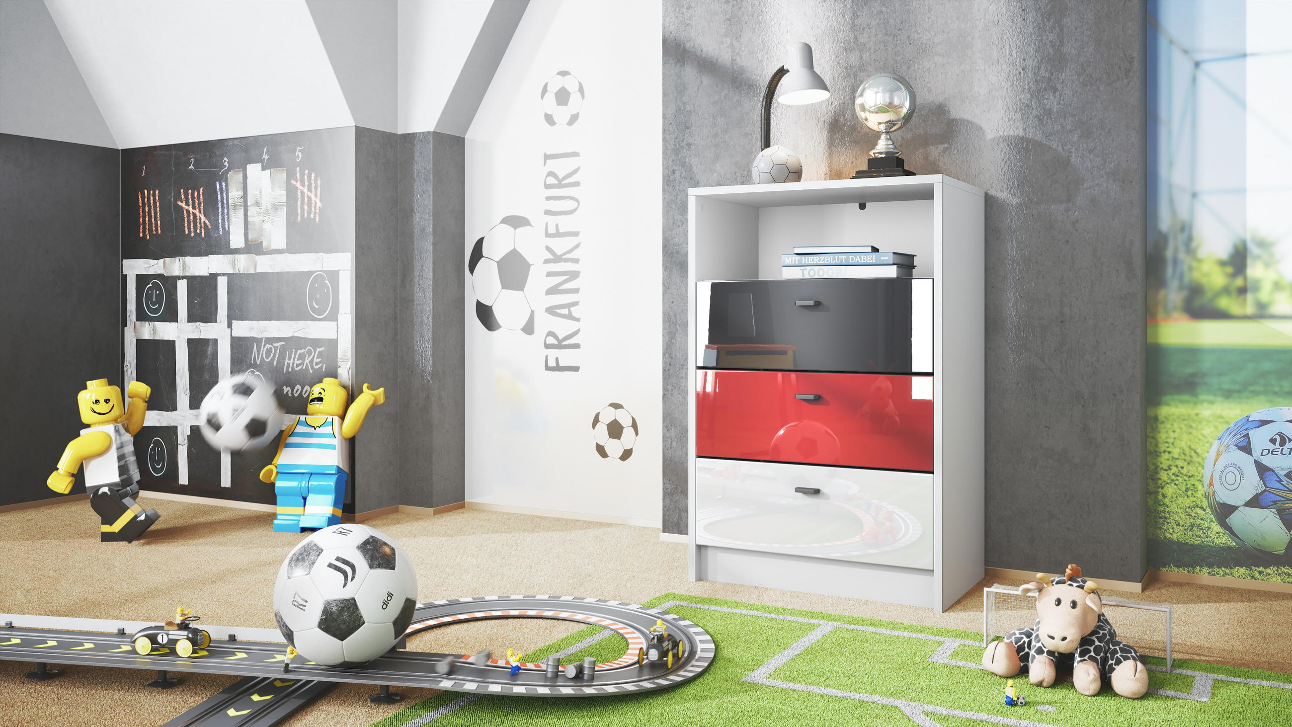 KOMMODE Pino Fronten Schwarz, Weiß & Rot - Anthrazit, Holzwerkstoff (56/86/36cm) - Vladon