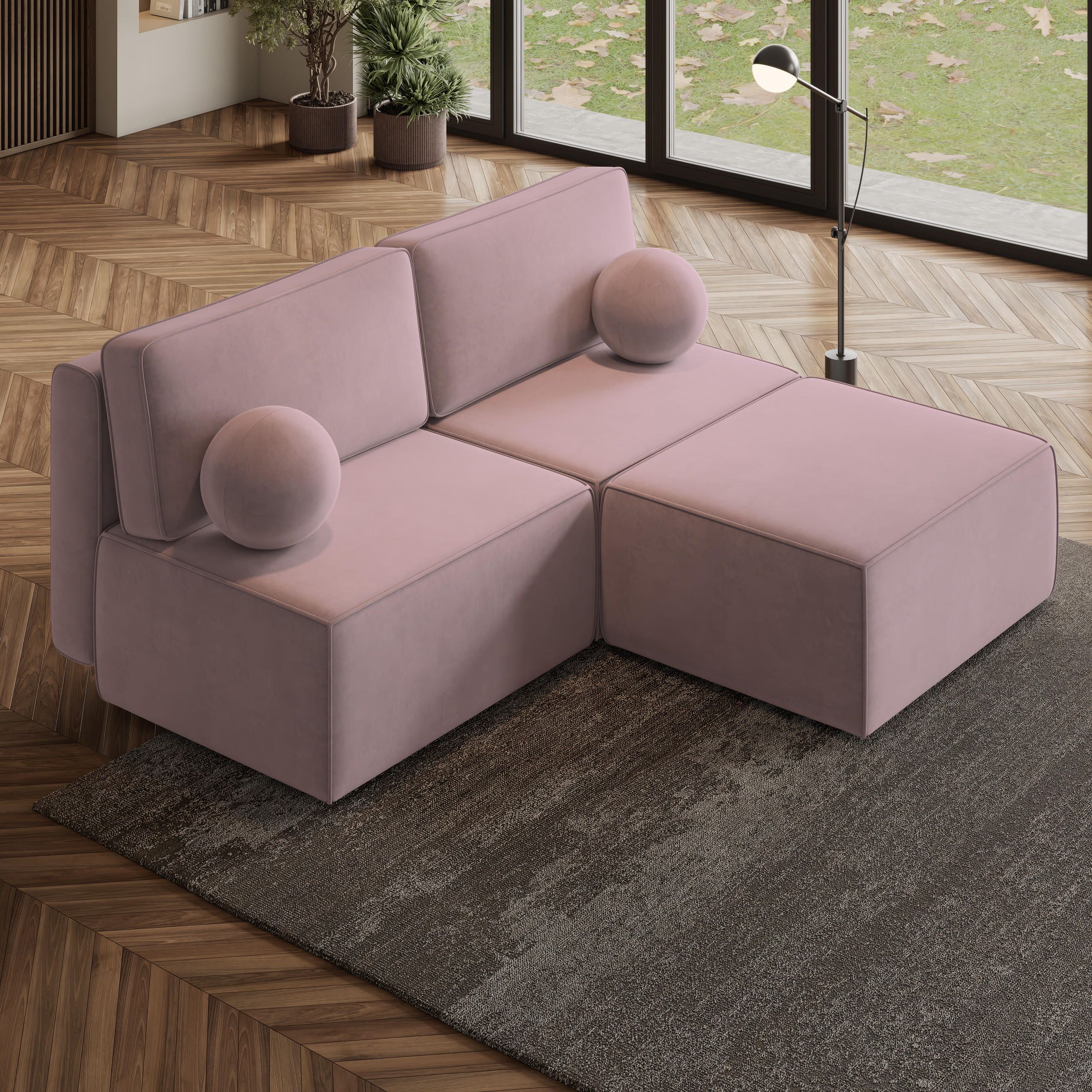 ECKSOFA VARNA M Lila Velours-Stoff mit Schlaffunktion - Lila, Holz (196/158cm) - MASSENO