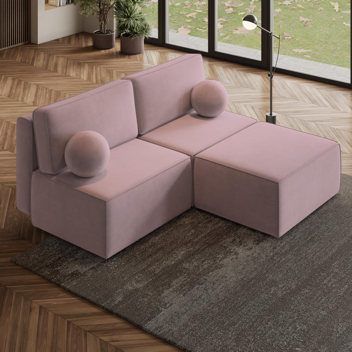 ECKSOFA VARNA M Lila Velours-Stoff mit Schlaffunktion - Lila, Holz (196/158cm) - MASSENO