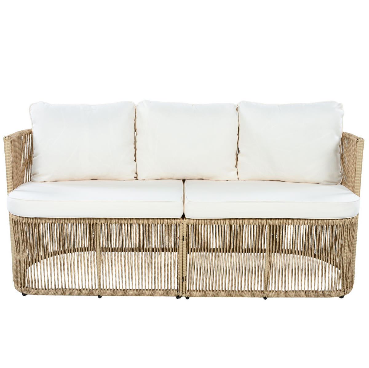 GARTENMÖBEL-SET 172,5/69/75 cm mit 3-Sitzer-Sofa, 2 Sesseln und Glastisch aus PE-Rattan, Beige/Schwarz/Weiß - Beige, Metall - Redom