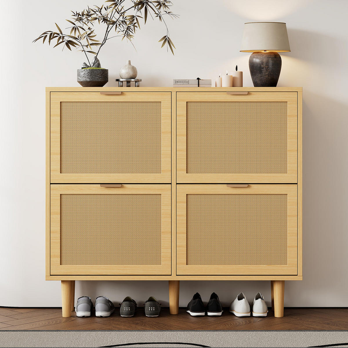 SCHUHSCHRANK RATTAN mit 4 Klappschubladen und Metallgriffen 100x25x90 cm - Braun, Holzwerkstoff (25/90.3/100cm) - Fuleadture
