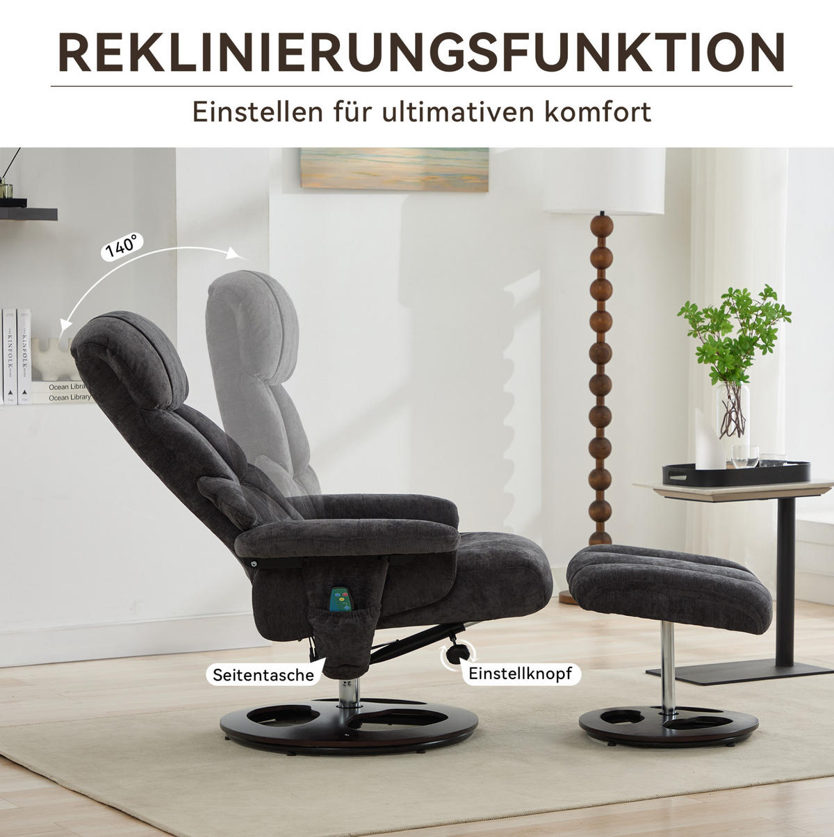 RELAXSESSEL 83,5/81/111 cm in Dunkelgrau mit Massagefunktion und Hocker - Dunkelgrau, Textil (83.5/111/81cm) - BEAOK