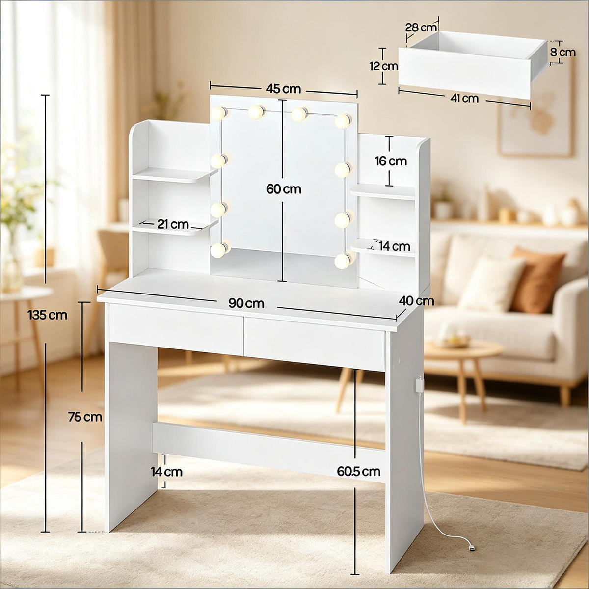 SCHMINKTISCH mit LED-Spiegel und viel Stauraum, weiß, 90×40× - Weiß, Kunststoff (40/135/90cm) - Vallsero