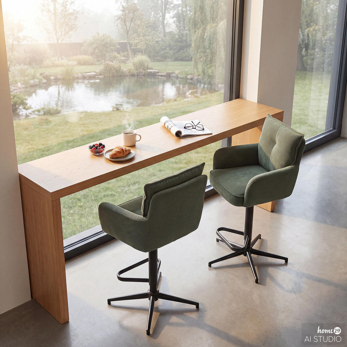 BARSTUHL - 2er-Set - Höhenverstellbar - Cord / Eisen - Dunkelgrün, Textil/Metall (54/100/58cm) - home24