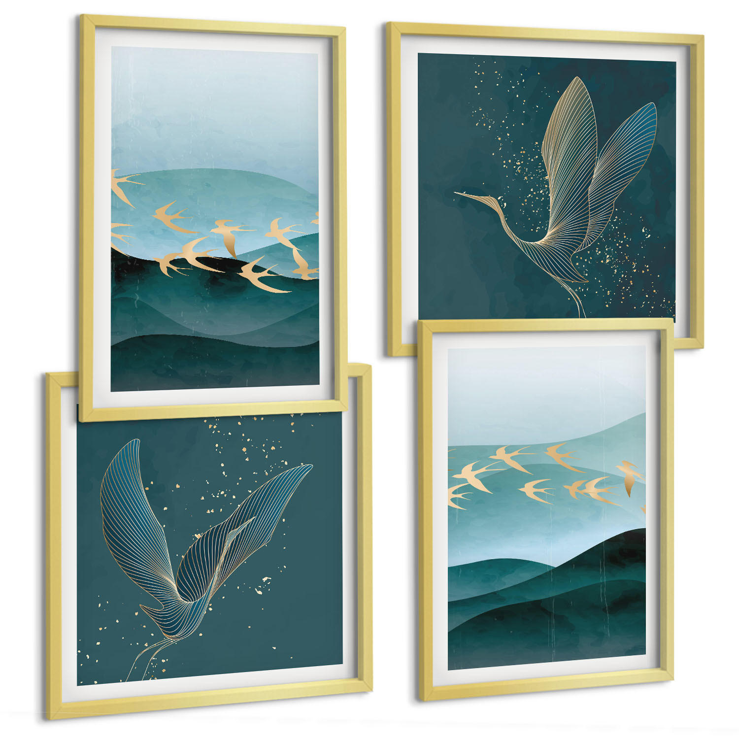BILDER SET 4er Set - 50x50 cm & 40x60 cm Goldrahmen - Abstrakte Landschaften von Vogelwellen - Goldfarben, Kunststoff (50/50cm) - TULUP