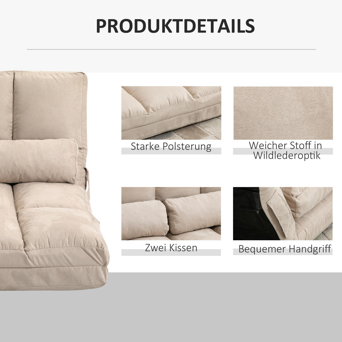 BODENSTUHL 2-in-1 Bodensessel Bett mit Rückenlehne 3 Positionen Verstellbar - Beige, Textil/Metall (73/60/102cm) - HOMCOM