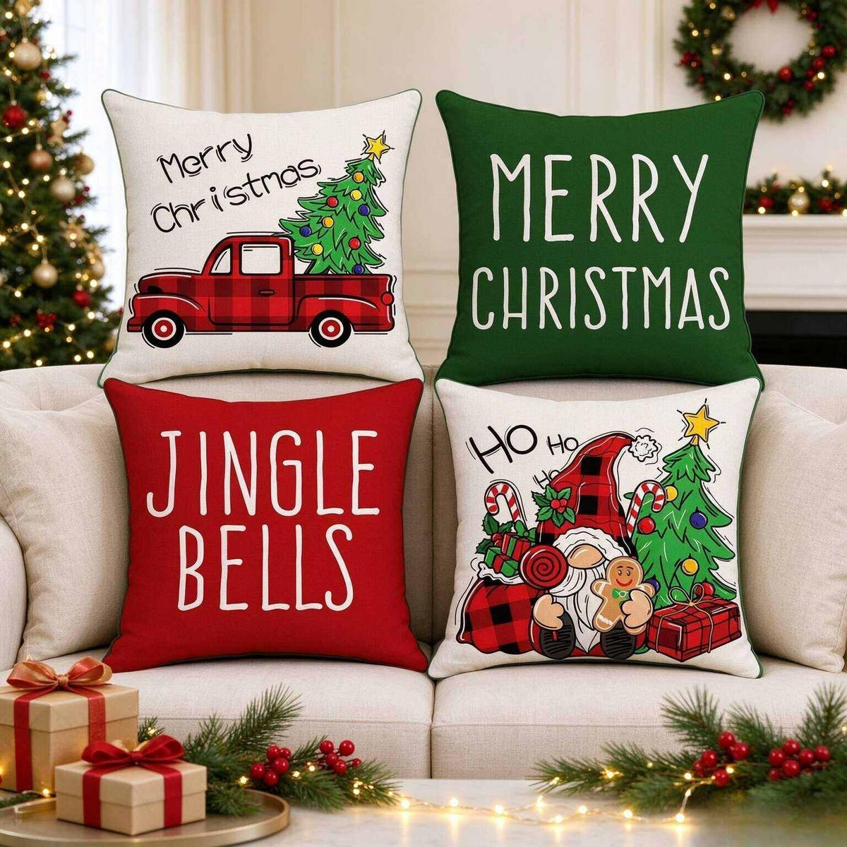 KISSENBEZUG – Weihnachtskissenbezug (Kissenfüllung nicht enthalten) – 45 x 45 cm – Multicolor(vier Stück) - Multicolor, Textil (45/45cm)