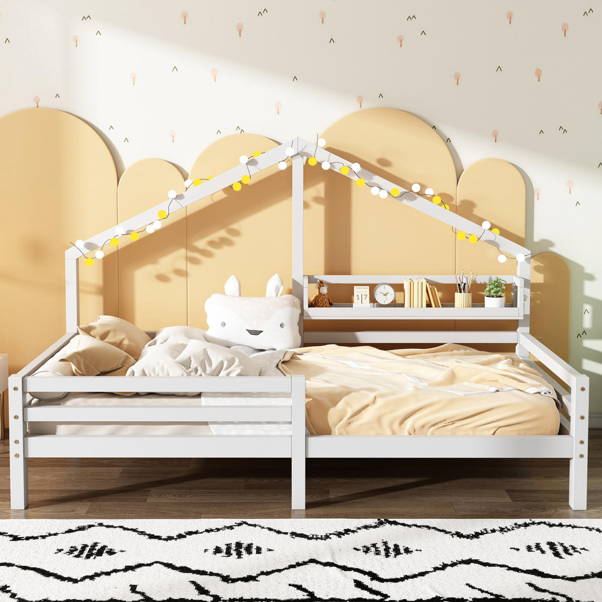 HAUSBETT 90/200 cm Weiß aus Kiefer mit Ablageregal und Sicherheitszaun - Weiß, Holzwerkstoff (90/200cm) - Flora Grace