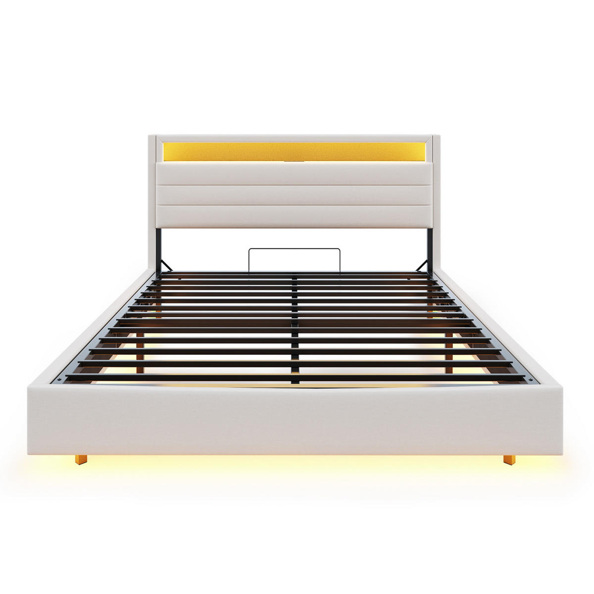 POLSTERBETT 160/200 cm Beige Hydraulisches Stauraumbett mit USB und LED-Beleuchtung - Beige, Textil (160/200cm) - OKWISH