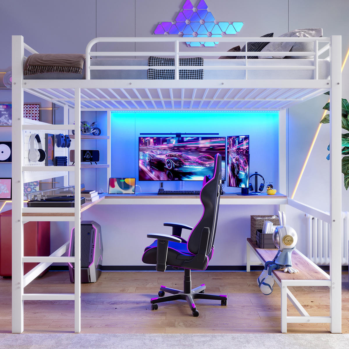 HOCHBETT aus Metall 140x200 cm Weiß mit Schreibtisch, Regalen, LED-Leiste und USB-C-Anschluss - Weiß, Metall (90/200cm) - IVMEU