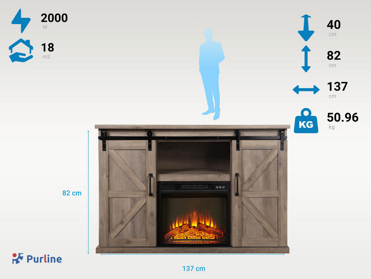 ELEKTROKAMIN in rustikaler Anrichte Hellbraun mit elektrischem Kamin und Heizung 2000 W - Hellbraun, Glas (137/82/40cm) - Purline