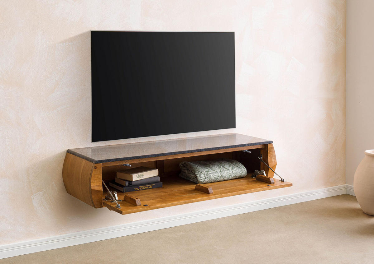 LOWBOARD Akazie 124x40x25 natur lackiert / Marmor schwarz MONTREAL #131 - Naturfarben, Holz (124/25/40cm) - Massivmoebel24