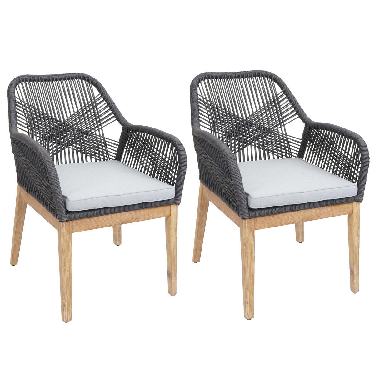 GARTENSTUHL 2er-Set HxBxT 85x58x59cm Sitzhöhe 47cm wetterfest Seilgeflecht Rope Holz Akazie Dunkelgrau Kissen Hellgrau - Dunkelgrau, Holz (58/85/59cm) - PROREGAL